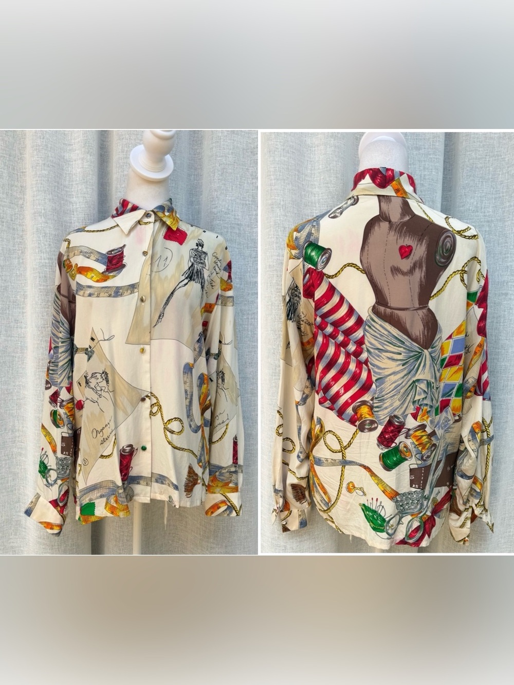 1990 Jerri Sherman collection silk sewing tailoring print blouse